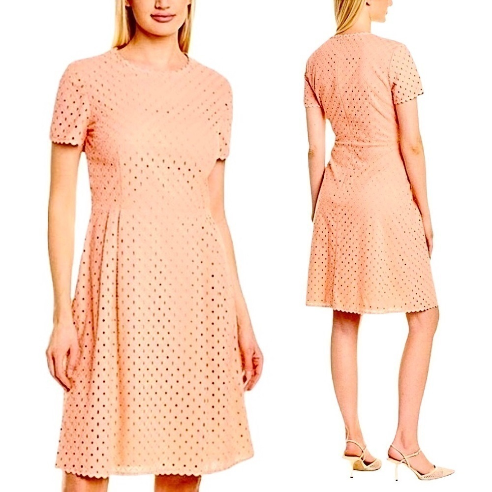 NWT ESCADA Peach Embroider Eyelet Lace Short Sleeve Pleated Fit & Flare Dress 6